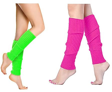 Neon Leg Warmers, 2 Pairs 80s Women Neon Leg Warmers Knit Ribbed Leg Warmer, Ice Skating Accessories and Sports Yoga Supplies, Women Knit Leg Warmers for Women and Girls (Rose Red, Fluorescent Green)