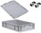 Eurobox NextGen Economy 60x40x12cm Griffe geschlossen mit Auflagedeckel grau, Kunststoffbox 23 L stapelbar Transportbox lebensmittelecht, Farbe Deckel-Verschlüsse wählbar (Verschlüsse Schwarz)