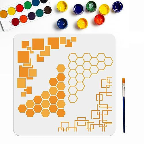 MAYJOYDIY Pochoir D'Angle Hexagonaux Pochoirs de Bordure Géométrique Pochoirs en Nid D'Abeille 4 styles 30 × 30cm avec Pinceau Modèles de dessin Réutilisables pour Peinture Sur Mur Sol Bois