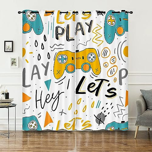 HOSIMA Cartoon-Gamepad-Vorhänge,Ösenvorhänge,Set mit 2 Vorhängen,Gelb-blau,Cartoon-Gamepad-Bedruckte Vorhänge,Vorhänge für Kinder und Teenagerzimmer(Gelbes Gamepad M)