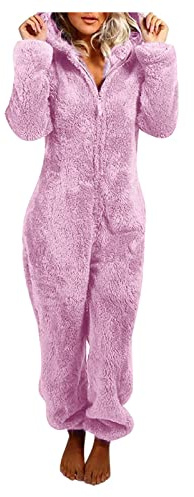 EMATOP Warmer Fleece Overall Damen Kuschelig Jumpsuit Plüsch Schlafanzug Elegant Einteiler Onesie Langarm Einfarbig Pyjama Flauschig Lang Schlafoverall mit Kapuze & Reißverschluss Hausanzug