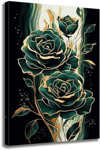Emerald Green Flower Wall Art Gold Emerald Rose Wall Decor Modern Floral Canvas Print Painting Picture Artwork for Bedroom Bathroom Home Decor,Framed