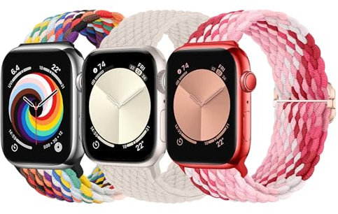 MATCHEASY Geflochtenes Solo Loop Kompatibel mit Apple Watch Armband 38mm 40mm 41mm, Dehnbarer Eastisch Sport Nylon band für iWatch Series 9/8/7/SE/6/5/4/3/2 Ultra Damen Herren, 3 Stück