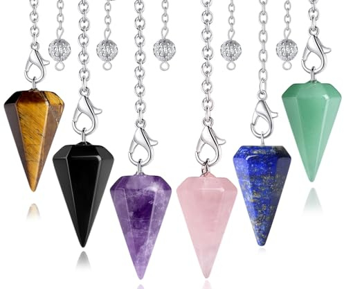 XIANNVXI 6 Pcs Pendule Divinatoire de Radiesthésie Pendule Hexagonale en Cristal pour Reiki Guérison Méditation (Amethyste, œil de Tigre, Obsidienne, Quartz Rose, Aventurine Verte, Lapis-Lazuli)