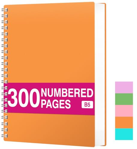 RETTACY Notizblock B5 Kariert, Spiralblock Notizbuch 100gsm mit 300 Seiten/150 Blatt zum Zeichnen, Kunststoff PVC Hardcover, zum Tagebuch, College,Konferenz, Reise, 19 X 25 cm -Orange