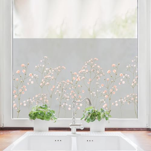 Wandtattoo Loft Sichtschutzfolie Fenster mit rosa Gysophila Motiv, Fensterfolie Blickdicht, Milchglasfolie Fenster, Fensterdeko Selbstklebende Folie, Fenster Dekoration Blumen, Fenster Klebefolie