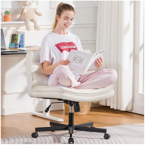 COMHOMA Bürostuhl ohne Armlehnen Schreibtischstuhl breite Drehstuhl mit Rollen höhenverstellbar Schminktisch, Ergonomischer Gaming Stuhl, Computerstuhl mit breiter Sitzfläche weiß