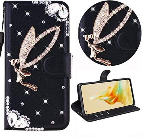 BLOTECH Hülle für ZTE Blade V50 Design 5G/Nubia Neo Beutel Flip Case 3D Rhinestone Glitzer Handyhülle Brieftasche PU Handytaschen Etui Schutzhülle Schwarzes Ledertasche Engel Muster Schützend
