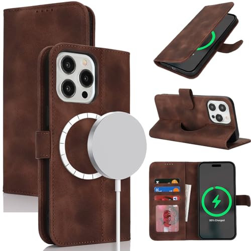 Zouzt Case for iPhone 15 Pro (6.1), [Compatible with MagSafe] Magnetic PU Leather Wallet Case with Card Holders and Kickstand, Wireless Charging Flip Folio Phone Cover - Vintage Dark Brown