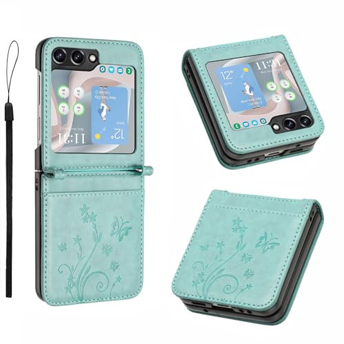Anshow Lederhülle mit Samsung Galaxy Z Flip 6 Hülle, Handyhülle für Samsung Galaxy Z Flip 6, Flip Wallet Hülle Leder Tasche Schutzhülle, Minzgrün