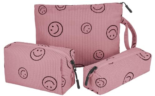 Huiguli 3 Stück Kosmetiktasche, Beige Kordsamt Niedlich Lächeln Gesicht Kosmetiktasche, Verbessertes Segeltuchmaterial Innen Make Up Tasche Tragbare, für Reisen Kinder Mädchen Damen (Rosa)