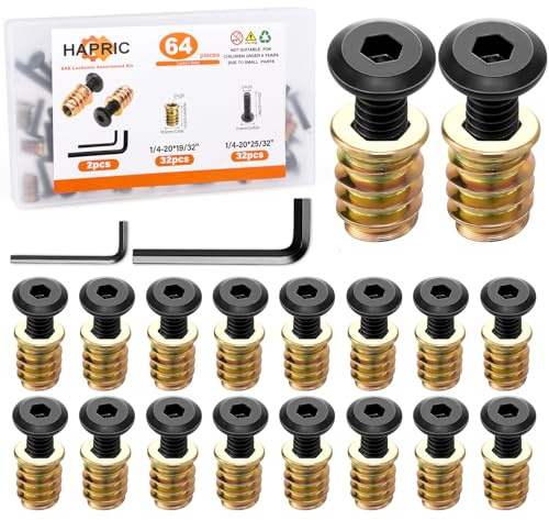 32 Sets Threaded Inserts for Wood Furniture Screws - 1/4-20 x 25/32 Inserts and Bolts - Hex Socket Drive - 1/4-20 x 19/32 Screw-in Nuts