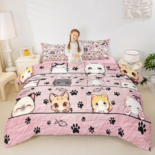 Manfei Cartoon-Bettwäsche-Set für Kätzchen, Jungen, Mädchen, volle Größe, Kawaii-Katzen-Bettwäsche-Set, Teenager, Schlafzimmer, Dekoration, Cartoon-Stil, rosa Tiere, Mikrofaser, weiche Bettwäsche