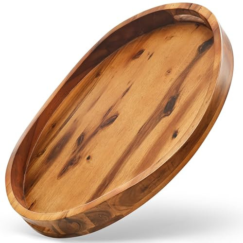 20 x 14 Oval Ottoman Tray Acacia Wood - Wooden Square Serving Tray with Handles - Extra Large Food Serving Trays for Decorative, Coffee Table, Breakfast in Bed (Acacia, 20 x 14)