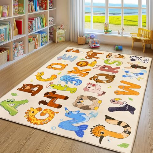 GthreeD Kids Playmat Rug Alphabet Animals - Soft Non-Slip Beige 120x160 cm