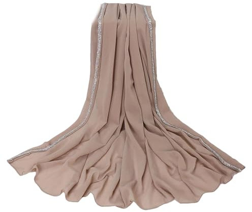 Mkjuuior Schal mit Perlen, Chiffon, Strass, schimmernd, Perlenband, Wickeltuch, muslimischer Hijab, MTXXA020-02, One size