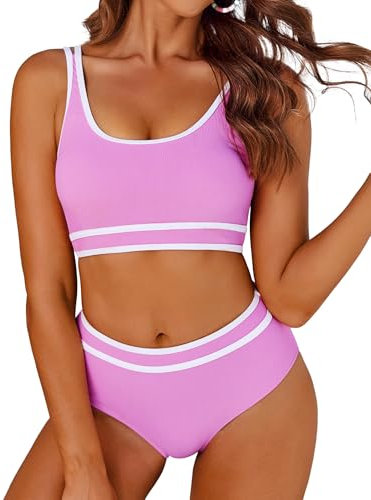 AI'MAGE Maillot de Bain Femme 2 Pieces Bikini Sexy Taille Haute Push Up Sport Fileté Deux Pièces, Rose XXL