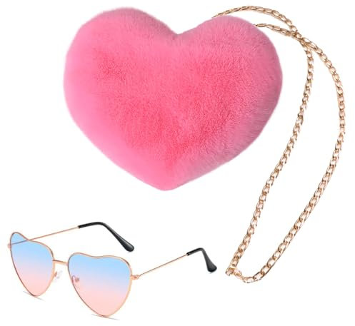 MYHUNJA Herzform Plüschtasche Damen, Weiche Handtasche - mit Farbverlauf-Brille, Kleine Ketten-Umhängetasche für Karneval, Kostümparty, Geschenk | Amor-Kostüm Accessoires