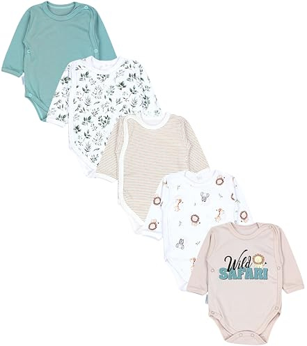 TupTam Wickelbody Langarm Baby Body im 5er Set – Weicher Body Baby aus Baumwolle für Mädchen & Jungen, Farbe: Tiersafari Blätter Salbei Beige Streifen, Größe: 68