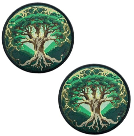 2 Stück Grün Baum des Lebens Nordische Runen Patch Yggdrasil Besticktes Aufnäher Hook and Loop Schließen Emblem Patches für Rucksack, Mütze, Jacke, Weste, Tasche, Biker, Hundegeschirr