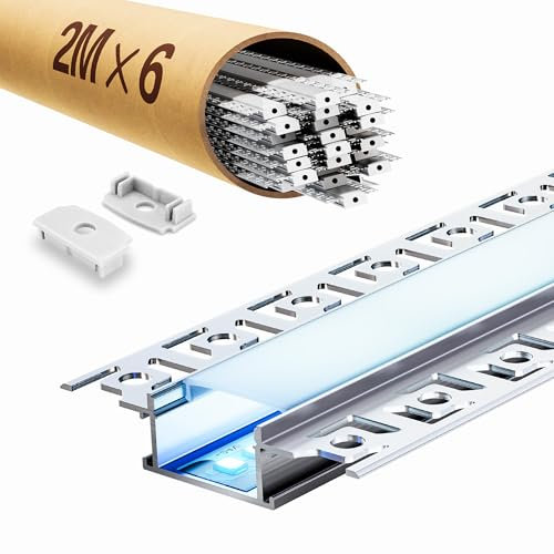 ClarivantiLED Profilé LED Encastrable 2m,Profilé alu pour ruban avec diffuseur LED, compatible avec bandes jusqu'à 20mm-Rail en aluminium pour une lumière uniforme (SP44, 6 pièces (total 12 m))