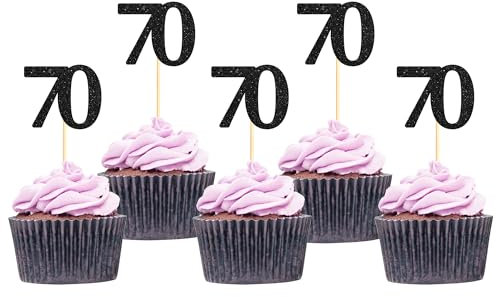 Sotpot 30 Pack Happy 70th Cupcake Toppers 70 Birthday Cake Decorations for 70th Birthday Wedding Anniversary Party Supplies Black Glitter