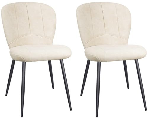 ANVOFONG Lot de 2 Chaises de Salle à Manger, Chaises de Cuisine, Chaises Rembourrées, Chenille Doux avec Pieds Métal Noir pour Salle à Manger, Cuisine, Beige.