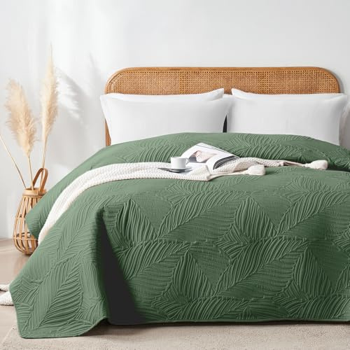 VIVA FINO Tagesdecke 220x240 cm,Grün Ultrasonic Steppdecke,Leicht,Weich und Pflegeleicht,Doppelseitig,Bettüberwurf mit Blattmuster,Ideal für alle Jahreszeiten,Für Bett und Sofa