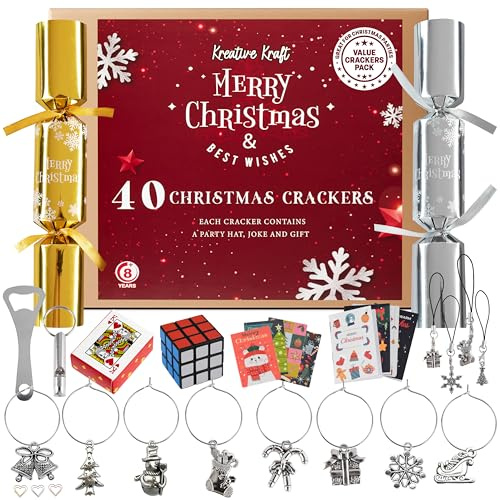 KreativeKraft Weihnachts Knallbonbons 40er-Pack, Christmas Crackers mit Hütchen Witzen Mini Geschenken, Party Zubehör und Restaurant-Catering Weihnachtsdeko (Gold Silber)