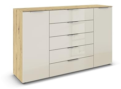 Rauch Möbel Flipp, Kommode, Farbe Glas Beige/Eiche Artisan, Breite 160 cm | Sideboard, 2-türig, 5 Schubladen, Glasfront, Soft-Close-Funktion, für Schlafzimmer, Gästezimmer, Wohnzimmer, Garderobe, Flur