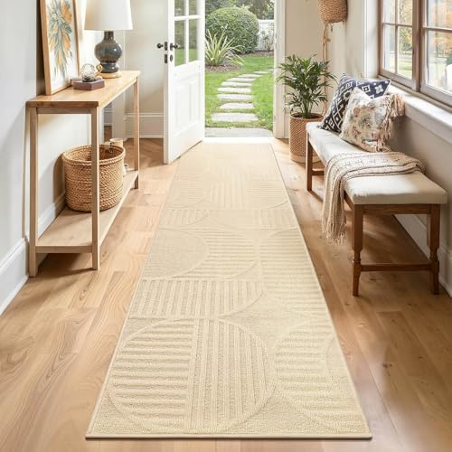 SHACOS Beige Läufer Flur rutschfest 60x300 cm, Waschbarer Teppich Läufer Lang Modern, Küchenteppich Küchenläufer Waschbar, Flurläufer für Eingang Küche Schlafzimmer
