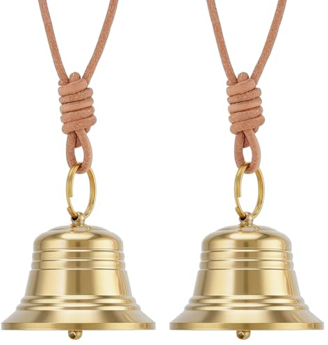 AHANDMAKER 2 Paket Messing Hängend Glocke für Tür Griff Antik Golden Glocken mit Seil Klein Ladenbesitzer Glocke für Tür Öffnung für Zuhause Garten Weihnachten Dekoration