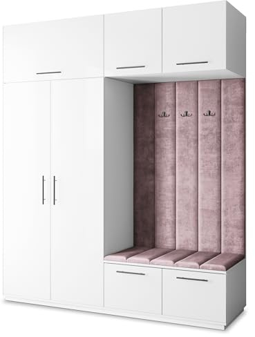 Masseno Flugarderoben Set Rema, Kleiderschrank-Set mit Sitzbank, Garderobenschrank Flur mit 5 Regalböden, Weiß