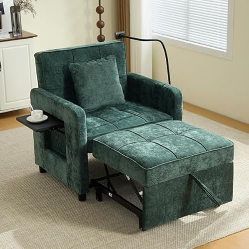 FammyLoft Schlafsofa mit 5-Fach Verstellbare Rückenlehne, Klappbares Sofa Bed mit Handyhalterung, Ecksofa mit Tablett, Einzelschlafsofa, Kleines Sofa, für Wohnzimmer/Schlafzimmer/Büro, Grün