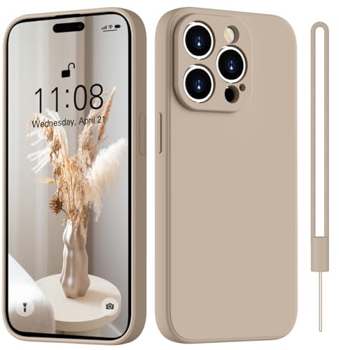 HGH for iPhone 14 Pro Max Case Silicone With Lanyard, [Camera All-Round Protection] [Soft Microfiber Lining Anti-Scratch] Full Covered Shockproof Phone Case for iPhone 14 Pro Max, Khaki