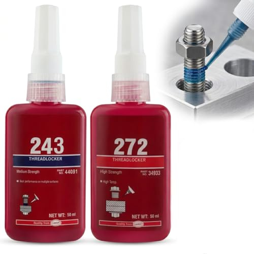 Thread Lock Blue & Red, 50ml x2 Threadlocker Adhesive Set, Medium Strength 243 & High Strength 272 for Metal Bolts, Nuts & Fasteners, Anti-Loosening, Waterproof & Rust Resistant