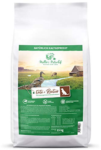 Müllers Naturhof - Ente & Rentier - 15 kg - Gartengemüse & Wiesenkräuter - Natürlich kaltgepresst - getreidefreie Rezeptur - Trockenfutter für alle Hunderassen - Traditionell hergestellt