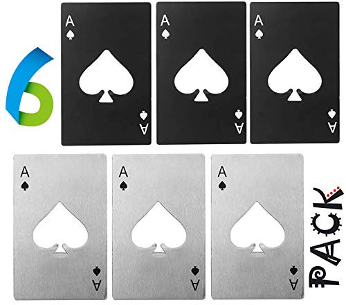 WZLEMOM 6 pezzi apribottiglie da poker, cavatappi birra, apribottiglie per birra,cavatappi divertenti, apribottiglie simpatico, apribottiglie in acciaio inossidabile, 3 nero e 3 argento