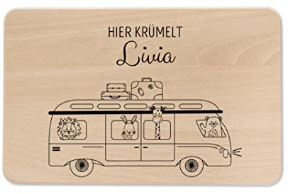 wunderwunsch - Individuelles Holzbrett mit Gravur für Kinder - Personalisiertes Frühstücksbrettchen - Niedliche Motiv-Brettchen mit Namen (Tiere im Bus, 22cm x 14cm x 1cm)
