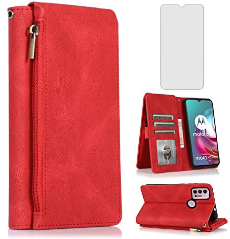 Kompatibel mit Moto G30/G20/G10/10 Power 2021 Wallet Case Panzerglas Displayschutzfolie Reißverschluss Leder Flip Cover Kartenhalter Handyhüllen für MotoG30 MotoG20 MotoG10 Motorola G 30 20 G10Power