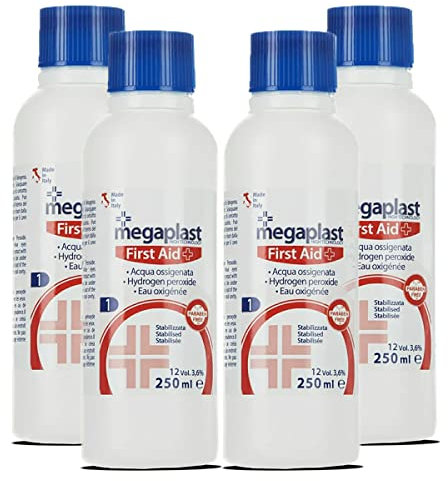 JUANIO Lot de 4 Pack de 1 Flacon d'eau oxygénée, peroxyde d'hydrogène stabilisé, désinfectant au peroxyde d'hydrogène, capacité 250 ML