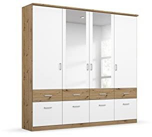 Rauch Möbel Bremen Schrank Drehtürenschrank Kleiderschrank Weiss, Eiche Artisan mit Spiegel und 8 Schubladen, 4-türig, inklusive 1 Kleiderstange, 4 Einlegeböden, BxHxT 181x199x58 cm