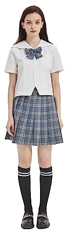 Damen Mädchen JK Uniform Anzug Japanische Schuluniform Hohe Taille Kurzer Plaid Faltenrock und weißes Hemd mit Wadensocken,44
