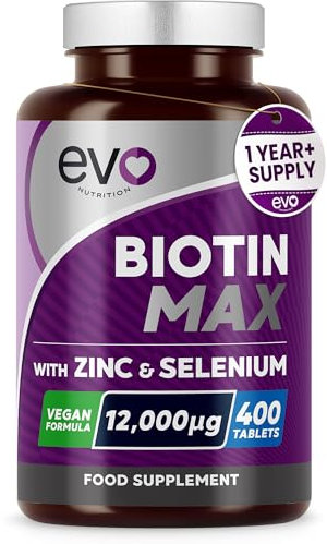 Biotin Max with Zinc & Selenium | High Strength Vitamins & Minerals to Support Hair, Skin & Nail Health | Vegan Food Supplement Complex | 400 Tablets for a 13 Month Supply | UK Made by EVO Nutrition