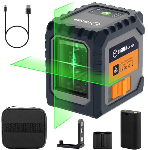 Livella Laser, CIGMAN G02 Cross Livello Laser Autolivellante a Raggio Verde Laser Orizzontale e Verticale a Linee Incrociate per la cantieri, interni, DIY.(Batteria Inclusa)