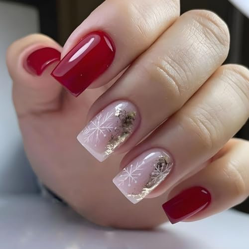 Cubahop 24pcs Noël ongles courts carrés faux ongles rouge Wapiti forêt flocon de neige faux ongles bonhomme de neige feuille d'or Glitter pressé sur les ongles des femmes et des filles (F)