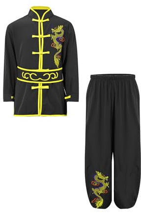 Mufeng Kinder Jungen Tai Chi Uniform Langarm Kung Fu Shirt mit Wushu Hose Chinesisch Kung Fu Wing Chun Stickerei Kostüm Set Sport A Schwarz 158-164