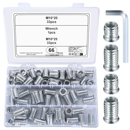 M10 Inserti Filettati, 66 Pezzi Boccole Filettate per Legno, Bussole Filettate, Dado Inserto Filettato Esagonali in Zinco Bianco, Viti Dadi Esagonale Inserti per Mobili in Legno