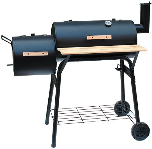 Charcoal Barbecue Grill with Trolley, Panana, Black (Barrel BBQ Grill with Offset Smoker)