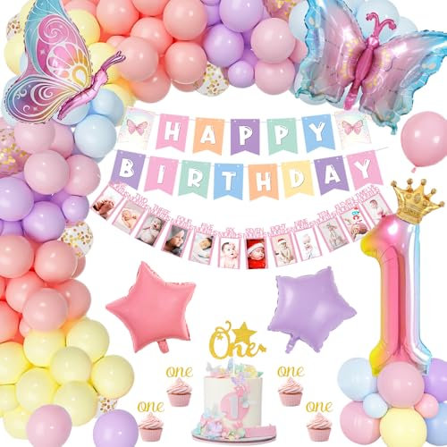 TOLOYE Geburtstagsdeko 1 Jahr Mädchen, Schmetterling Deko Geburtstag für Erster Geburtstag Mädchen mit Happy Birthday Banner, Fotobanner, Foil 1 Balloon, Pastell Geburtstagsdeko 1 Jahr